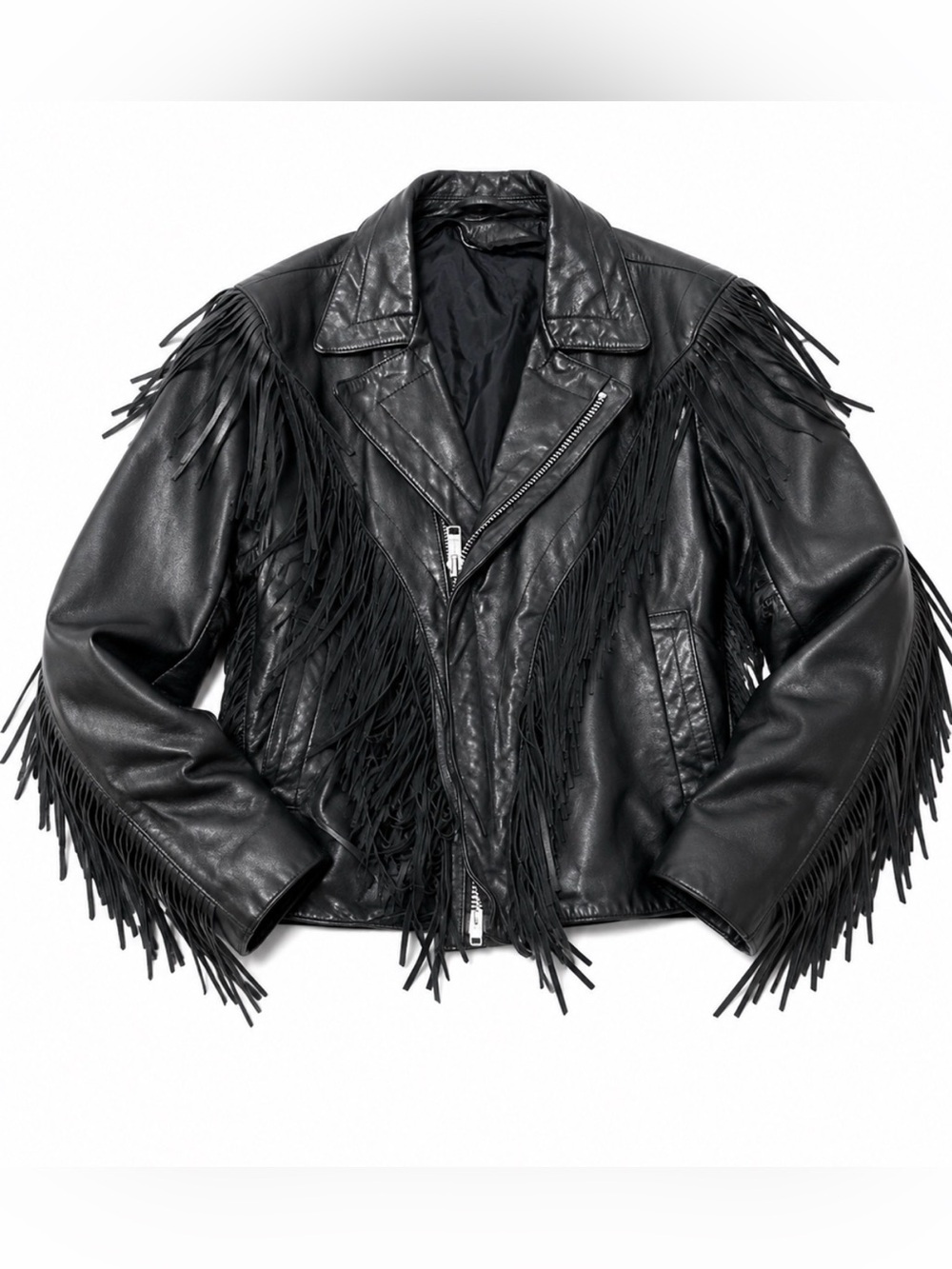 Vintage Leather Fringe Moto Jacket Black Western Biker Rocker Size 38